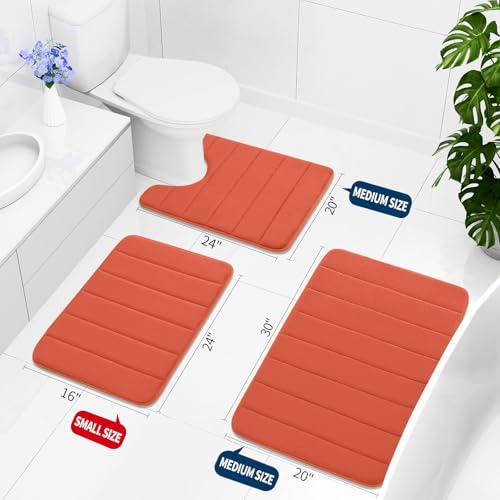 Buganda Memory Foam 3 Pieces Bathroom Rugs Set - Thick Soft Absorbent Bath Mats, Washable Small/Large/Contour Bath Rugs (24" x 16" + 30" x 20" + 24" x 20", Coral) - color: Coral, size: 24" X 16" + 30" X 20" + 24" X 20"