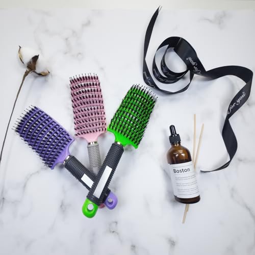 3 Pack Detangling Brush Getting Knots Out without Pain Adds Shine and Makes Hair Smooth, Detangler Boar Bristle for Adult & Kids Wet or Dry Hair(Pink/Purple/Green)
