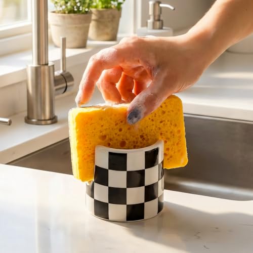 Kitchen Sink Cute Ceramic Checkered Sponge Holder, Dish Sponge Rack Brush Holder Organizer, Farmhouse Kitchen Decor Dish Rack for Brush, Scrubbers, Bathroom, Sink (Black-white) - color: Black-white