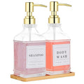 Glass Soap Dispenser with Pump,Tray,Funnel, Countertop Soap and Lotion Dispenser Set of 2 with 60 Stickers, Dish and Hand Soap Dispenser Bottle for Kitchen,Bathroom,Shower,500ml/16.9oz - color: Blk-5070-2g