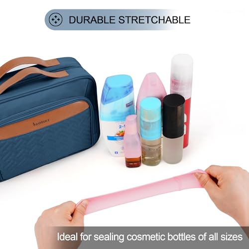 COOSKY Travel Hanging Toiletry Bag for Women, Large Makeup Bag 8 Leak Proofing Silicone Bottle Covers, Waterproof Cosmetic Bag with Jewelry Organizer Compartment, Toiletries Kit Set, Navy Blue - color: Navy Blue, size: Large*1 + Leak Proofing Bottle Cover