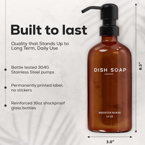Amber Glass Hand and Dish Soap Dispenser Set by Brighter Barns - Modern Kitchen Decor & Accessories for Airbnb, RV, Office, Housewarming Gifts (Amber) - color: Amber Hd