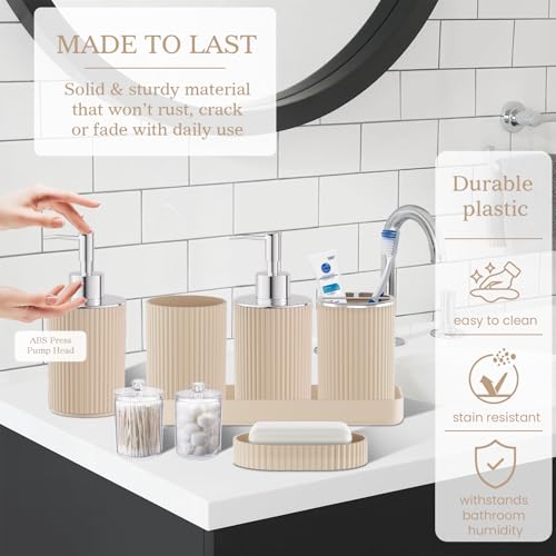 Beige Bathroom Accessories Set, 10PC Bathroom Set, Bath Accessory with Pop Up Trash Can, Soap Dispenser, Toilet Brush, Toothbrush Set Qtip Holders & Tray - color: Beige & Silver, size: 10-Piece Set (Accessories Only)