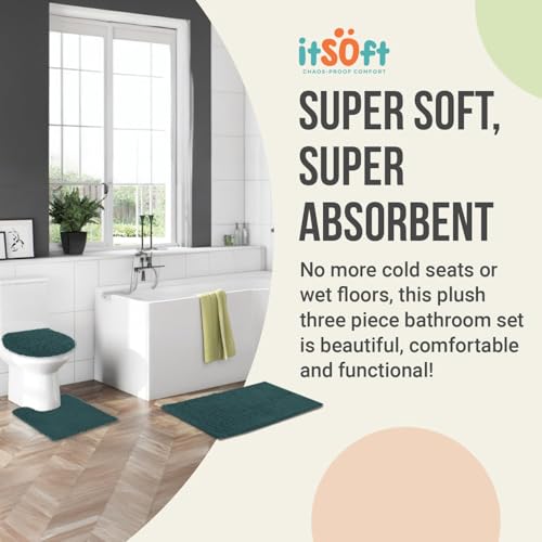 ITSOFT 3pc Non-Slip Shaggy Chenille Bathroom Mat Set, Includes 24"x21" U-Shaped Contour Toilet Rug, 34"x21" Inches Bathmat and 1 Toilet Lid Cover, Teal - color: Teal, size: 24''x21’’, 34’’x21’’ and TLC (Set)