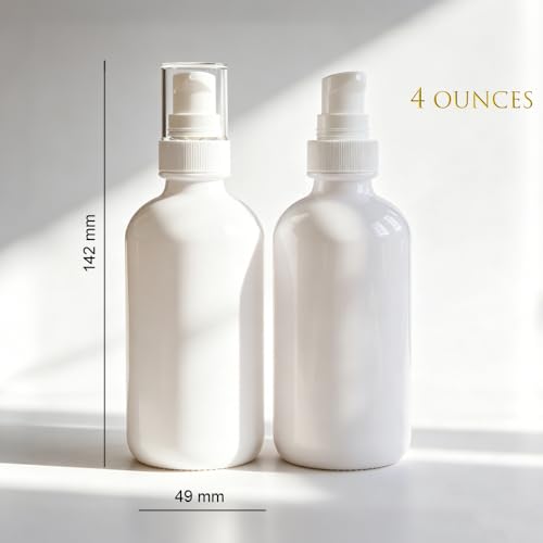 12Pack 4oz White Glass Pump Bottle with Pump Dispenser,120ml Small Dispenser, Travel Size Refillable Botttles for Lotions,Sercums,Essential Oils - color: 4oz White(12pcs)