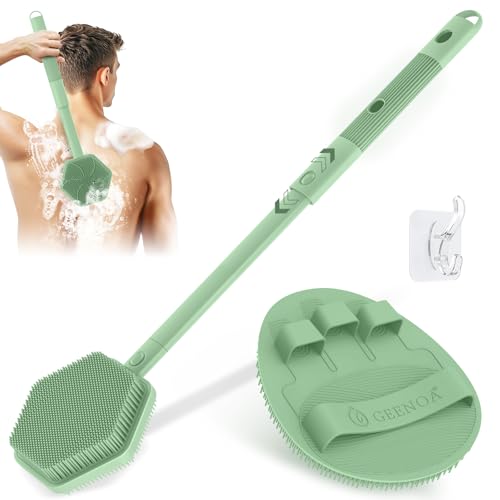 Silicone Back Scrubber & Soft Bath Glove 2PCS, 16''- 21''Extendable Back Scrubber with Dual-Side Large Head, 360° Anti-Slip Hand-fit Silicone Body Scrubber for Rich Foaming Deep Cleaning(Green) - color: Green*2