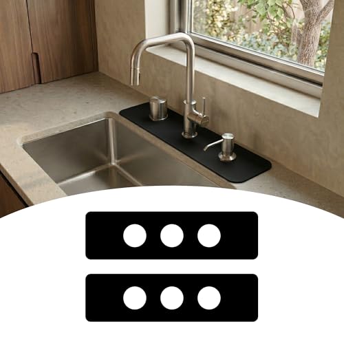 2PCS Kitchen Bathroom Faucet Mat for 3-Hole 8" Widespread Faucet, 18"x4" | Absorbent Splash Guard Fits Farmhouse, Vintage & Bridge Kitchen Vanity Faucets – Trimmable Drip Catcher for Irregular Sinks - color: Black, size: 18’’Lx4’’W
