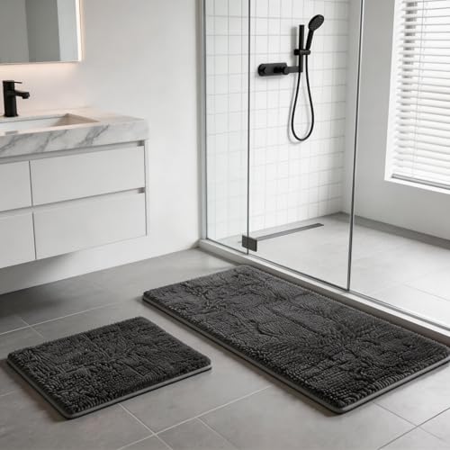 Bathroom Rugs Sets 2 Piece Thicken Chenille Bath Mats Set, Extra Soft and Absorbent Shaggy Rugs, Easy Wash and Dry, Perfect Plush Carpet Mats for Tub, Shower, Bathroom Mats, Washable Carpets Set - color: Grey, size: 32"L x 20"W + 24"L x 16"W