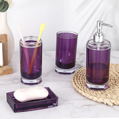 5 Pcs Purple Acrylic Bathroom Accessories Set Complete,Lotion/Soap Dispenser,Soap Dish,Toothbrush Holder, Tumbler,Toilet Brush and Holder,Modern Bathroom Decor and Housewarming Gift Set (Dark Purple) - color: Dark Purple