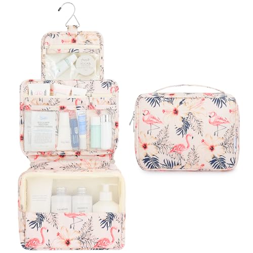 Mossio Hanging Toiletry Bag with Sturdy Hook - Large Portable Cosmetic Makeup Travel Organizer for Men & Women - color: Beige Bird