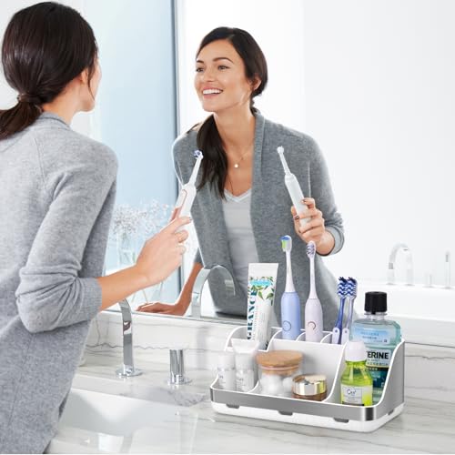 GFWARE Toothbrush Holders for Bathrooms Countertop Organizer - Kids Electric Toothbrush and Toothpaste Holder Detachable 7 Slots Tooth Brush Organization Bathroom Accessories Storage Vanity, Silver - color: Silver