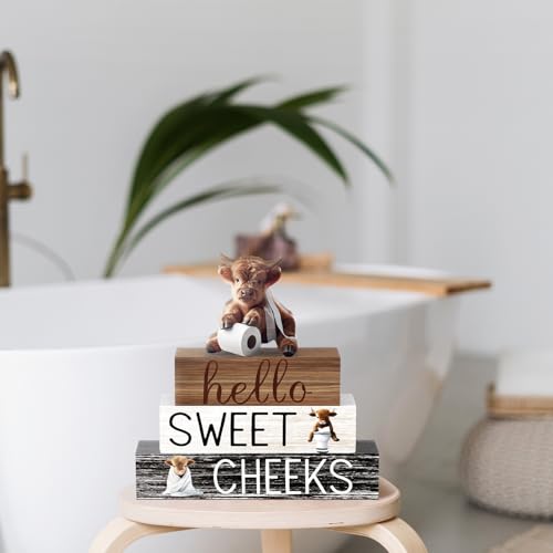 Cinnvoice 4 Pcs Highland Cow Bathroom Decor Farmhouse Bathroom Decoration Western Hello Sweet Cheeks Table Centerpiece Gift for Christmas Valentines Back to School - style: Highland Cow Hello Sweet Cheeks