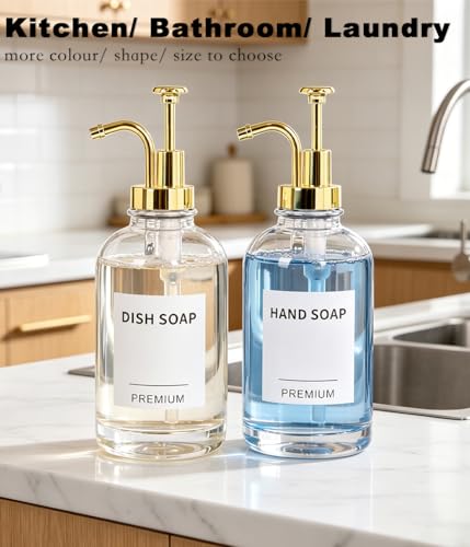 Dish Soap Dispenser for Kitchen, Hand Glass Soap Dispenser Set with Pump, Tray, Funnel for Bathroom, Shower, Laundry, Liquid, Lotion (Gold 2 Pack 18 Oz Clear Bottles with 12 Stickers) - color: Gold, size: 18Oz
