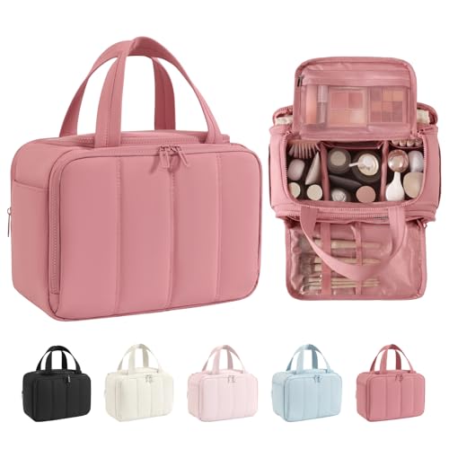 Travel Toiletry Bag for Women,Large Makeup Bag Organizer,Puffy Cosmetic Bag with Wet Dry Separation,Waterproof Toiletries Bag with Trolley Sleeve,Dark Pink - color: Dark Pink