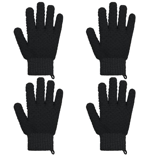 Exfoliating Bath Gloves 2 Pairs - Heavy Texture Body Scrub Gloves for Shower, Spa, Massage and Body Scrubs, Dead Skin Remover, Washing Gloves with Hanging Loop(Black2) - color: Black2