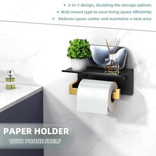 Toilet Paper Holder with Phone Shelf Black & Gold, APLusee 304 Stainless Steel Tissue Roll Dispenser Storage, Bathroom Accessories Wall Mounted - color: Black With Gold, size: Single Rod