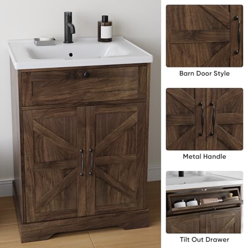 Smart FENDEE 23.62" Bathroom Vanity with Ceramic Sink, Farmhouse Bathroom Vanity Cabinet with Barn Door & Drawer, Freestanding Floor Storage Cupboard with Sink Combo Set, Walnut Color - color: Walnut