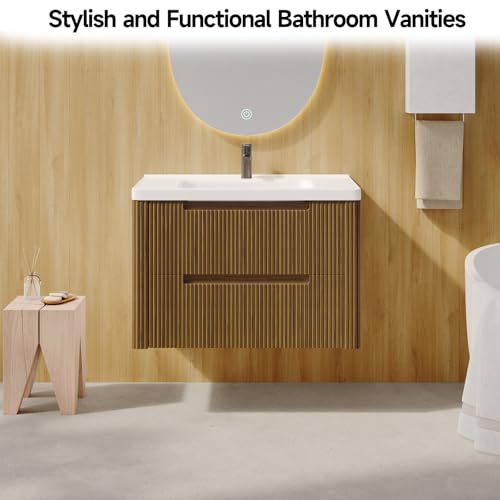ONBRILL Modern Bathroom Vanity with Sink Combo, Curved Floating Bath Vanity with 2 Drawer, Wall Mount Bathroom Vanities with Integrated Ceramic Sink for Small Space, Apartment (Walnut, 32“) - color: Walnut, size: 32“