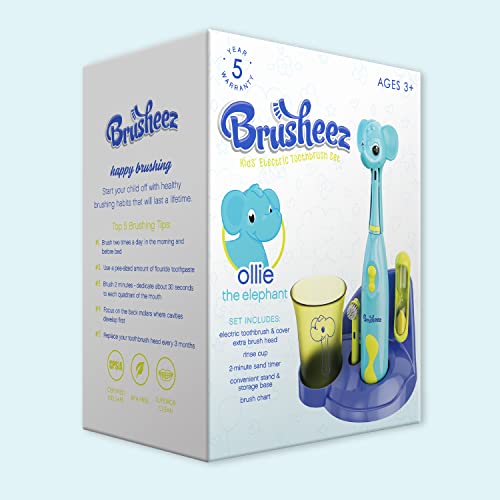 Brusheez Kids’ Electric Toothbrush Set - Safe & Effective for Ages 3+ - Parent Tested & Approved with Gentle Bristles, 2 Brush Heads, Rinse Cup, 2-Minute Timer, & Storage Base (Ollie the Elephant) - color: Ollie the Elephant