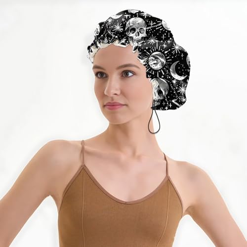 Luxury Shower Cap Satin Lined Reusable Waterproof Double Layer Elastic Adjustable Hair Bath Cap Cute Aesthetic Women Girlss-Skull - color: F5-Skull