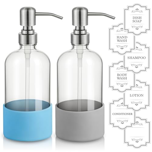 16 oz Hand and Dish Soap Dispenser Set for Kitchen and Bathroom, 500ml Clear Glass Soap Dispenser with Stainless Steel Pump, Non-Slip Silicone Sleeves, Labels - 2 Pack - color: Clear