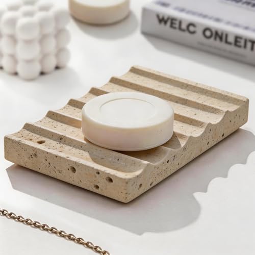 Natural Marble Soap Dish for Shower Stone Tray Small Bar Soap Holder with Self Draining | Non-Slip, Luxury Bath Room Accessories, Sponge Dish Scrubbers Tray for Kitchen Sink Counter Top (Travertine)
