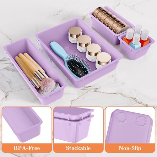 SpaceHacks 25 PCS Plastic Drawer Organizer Set, 4-Size Versatile Organizer Trays & storage Bins for Makeup, Jewelry, and Gadgets in Bathroom, Bedroom and Office, Purple - color: Purple