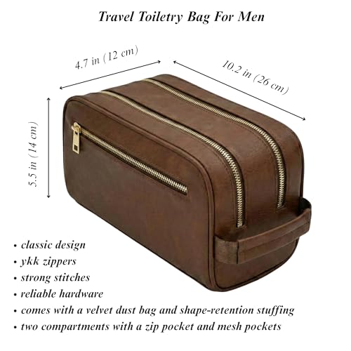 Toiletries bag for men, Premium PU Leather Travel Kit, Metal Zippers & Bottom Studs, Velvet Dust Bag & Shape-Retention Packaging – Gift Ready For Groomsmen, Anniversary, Birthday Gifts / BROWN - color: BROWN