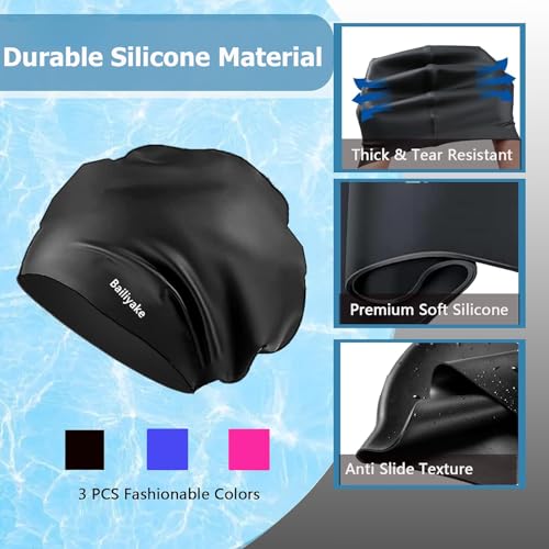 3 Pack Extra Large Swim Cap for Braids & Dreadlocks - Waterproof Silicone Swim Hat for Women with Long Thick Hair, Protective Swim Cap Cover Ears for Swimming, Shower, Bathing - color: Black+Pink+Blue
