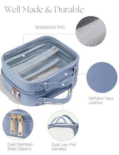 Clear Cosmetic Bag Double Layer Travel Toiletry Bag Clear Makeup Bag Case with 4 Compartments, Transparent Travel Bag for Toiletries, Large Toiletry Bag for Women Cosmetic Case (Dusty Blue, Large) - color: Dusty Blue, size: Large
