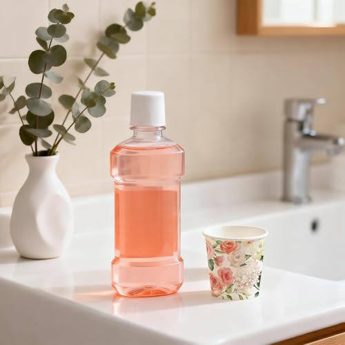 WRAPAHOLIC 3oz Flower Paper Cups - 100 Pack Disposable Bathroom Cups with Pink White Rose Floral Design, Small Mouthwash Cup for Toothbrush Rinse, Home Bathroom, Wedding and Mothers Day - color: Pink White Floral