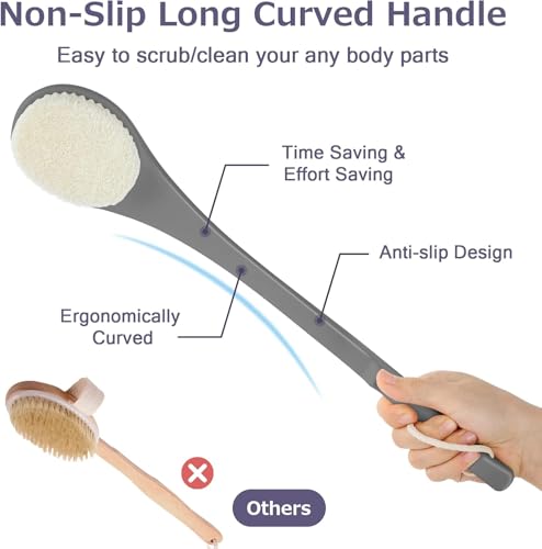Body Back Scrubber – 17'' Long Handle Shower Brush, Durable Exfoliator for Dry & Wet Use, Deep Cleansing & Gentle Exfoliation for Smooth Skin – for Men, Women & Elderly (Gray) - size: 17“ Gray