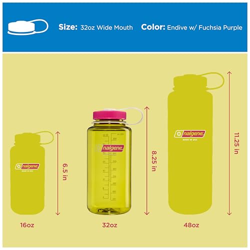 Nalgene 32 oz Wide Mouth Water Bottle | BPA-Free, Durable & Leak Proof, Lightweight Bottle for Hiking & Gym, Work & Travel - color: Endive w/ Fuchsia Purple, size: 32 Ounces