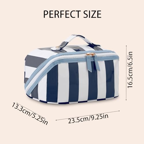 DYSHAYEN Stripe Travel Makeup Bag with Compartments Clear Coated Cosmetic Bag for Women, Waterproof Portable Open Flat Toiletry bag （White-Navy） - color: White-Navy