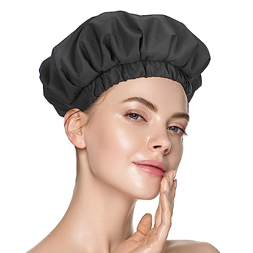 Luxury Shower Cap for Women, Waterproof Reusable Shower Caps Double Layers Microfiber Terry Lined with Dry Hair Function, Extra Large for Long Hair, Adjustable for Most Heads Size