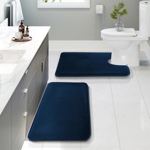 Clara Clark Bathroom Rugs, Velvet Memory Foam Bath Mat, Non-Slip Bath Rugs, Machine Wash, Dries Quickly, Ultra Soft Plush Bath Mats for Bathroom, - color: Blue, style: 17 x 24 + Contour