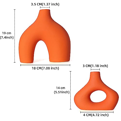 CEMABT Orange Ceramic Vase Set of 2 for Modern Minimalist Bohemian Decor，Round Matte Donut Vases for Pampas Grass-Perfect for Living Room, Dining Table, Office Bedroom Shelf Decor Entryway, Console - color: Orange