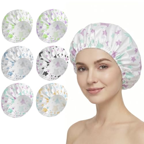 6 PCS Shower Caps for Women, Double Side Waterproof Shower Cap, Reusable Elastic Bath Caps for Shower, EVA Bathing Shower Caps, Bath Hair Caps - Star - color: Star