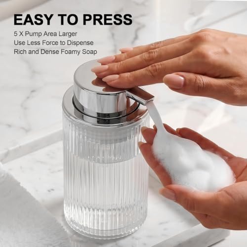 KASUNTING Foaming Soap Dispenser, 11 Fl Oz Clear Glass Foam Hand Soap Dispenser for Bathroom & Kitchen, Refillable Foaming Bottle with Sliver Pump, Modern Ribbed Dish Soap Foam Dispenser - color: Clear Bottle+ Sliver Pump, size: Foam-1 Pack