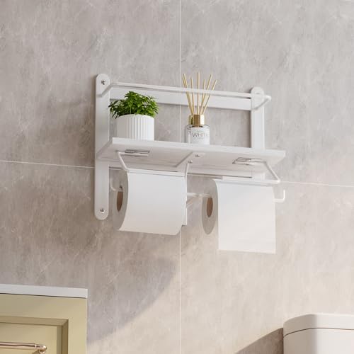 Homeiju Double Toilet Paper Holder with Shelf, Wooden Wall-Mounted Toilet Paper Roll Holder, Wall-Mounted Bathroom Organizer, Double Roll, Suitable for Bathrooms(White) - color: White