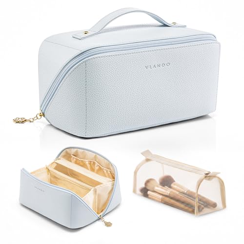 VLANDO Makeup Bag,Travel Toiletry Bag,Cosmetic Bag for Women PU Leather Portable Make up Bag for Skincare, Brushes & Travel Essentials-Baby Blue - color: 06-Baby Blue