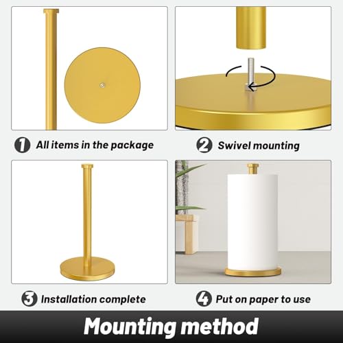 VEHHE Paper Towel Holder Countertop, Weighted Non-Slip Base, Stainless Steel Paper Towel Holder for Kitchen Bathroom (Gold) - color: Eva Pad Base | Gold