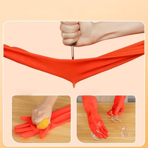 Long Rubber Waterproof Latex Household Cleaning 18inch Gloves Red Long Sleeved Heavy-duty Reusable 2Pair - color: Red, size: Medium