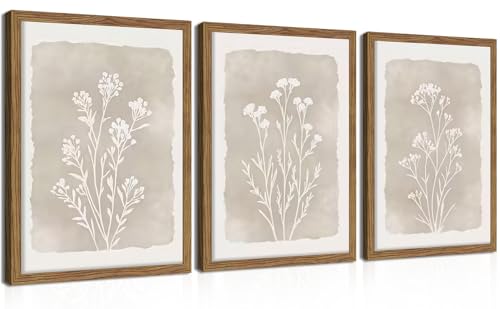 Framed Boho Botanical Flower Wall Art Set of 3, Vintage Minimalist Neutral Floral Wall Decor Paintings, Rustic Farmhouse Wildflower Artwork Prints Picture for Living Room Bedroom Bathroom 16x24 Inch - color: Gray Flowers, size: 24"L x 16"W