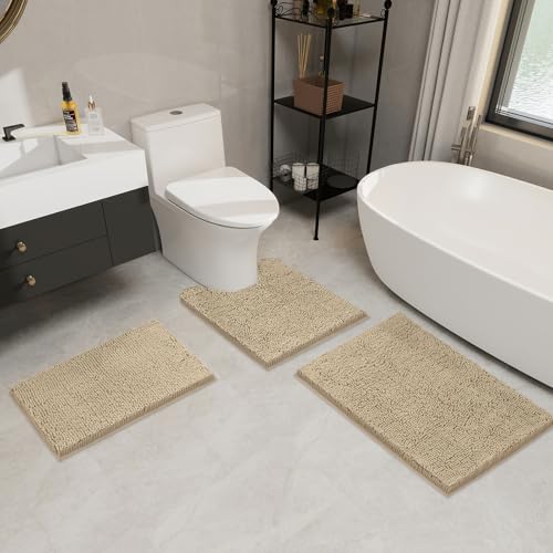 LINLA 3 Pieces Bathroom Rug Set, Absorbent Non Slip Chenille Bath mat, Thick Plush Chenille Carpet Mats Set,Washable Dry Quickly with U-Shaped Toilet Mat for Tub, Shower（Beige） - color: Beige