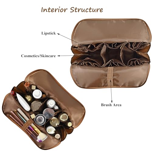 Travel Makeup Bag for Women, Waterproof Stand Up Cosmetic Bag with Brush Holders, Organizer Bag with Compartments, Fold-Down Design for Skincare, Toiletries & Essentials (Brown, Large) - color: Brown, size: Large