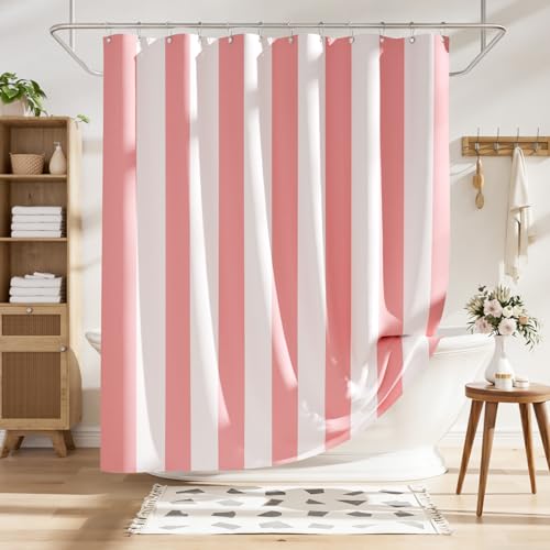 AmazerBath Pink Vertical Stripes Shower Curtain, Cute Pink Stripe Bathroom Shower Curtain with 12 Shower Curtain Hooks, Rustic Fabric Pink and White, 72x72 Inches - color: A- Pink Vertical Stripes+12 Metal Hooks, size: 72"W x 72"L (Pack of 1)