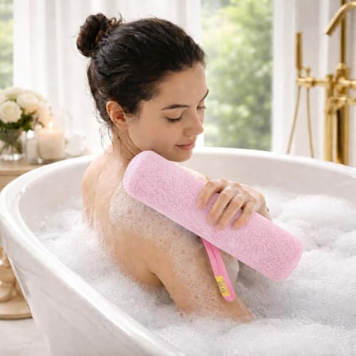 Back Scrubber for Shower - Beautiful Bod Patented 13-Inch Exfoliating Loofah with Built-in Handle, Easily Reaches Entire Back, Full Body Shower Scrubber for Back Washing, Exfoliation & Skin Smoothing - color: Bright Pink