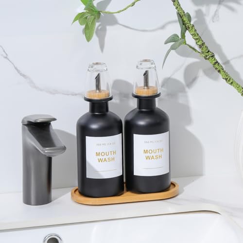 11.8OZ Glass Mouthwash Dispenser for Bathroom with Stainless Steel & Bamboo Nozzle, Mouthwash Cup Reusable, Bamboo Tray, and Elegant Gold Sticker.Set of 2（Black - color: Black/350*2