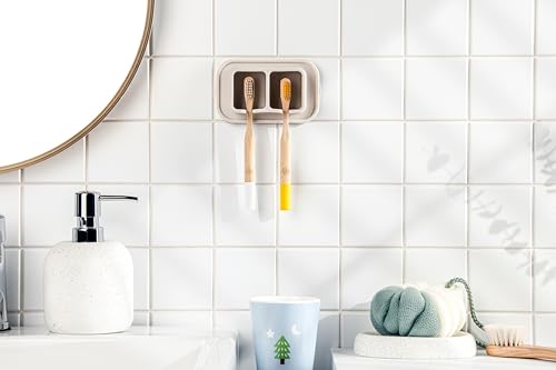 Silicone Suction Toothbrush Holder 2-Slot Wall Mounted Bathroom Organizer for Electric, Manual & Kids' Toothbrushes – Secure Suction Storage, Compact & Travel-Friendly – Sand Beige